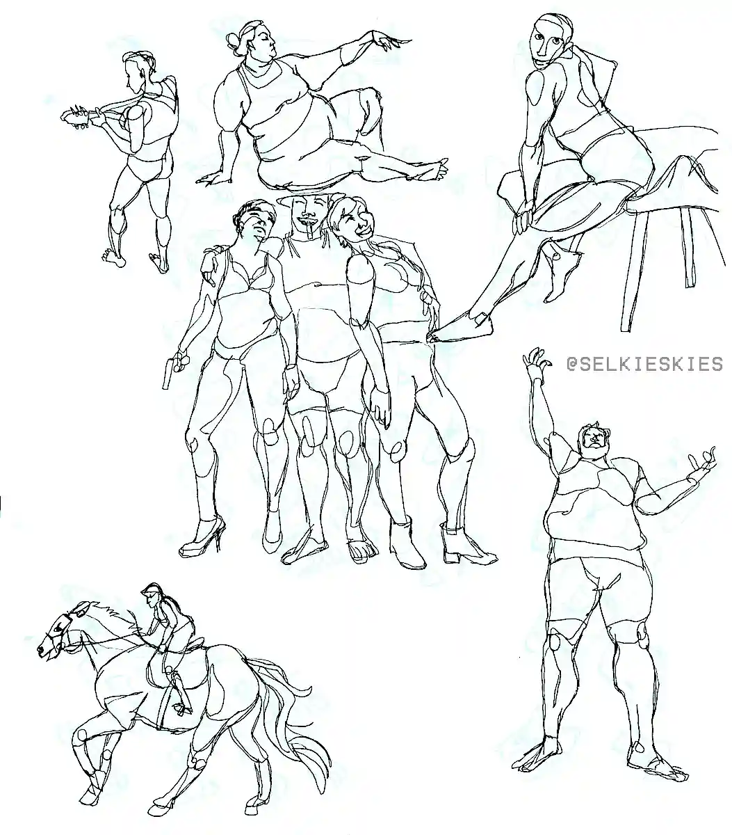six line drawings of eight different people of various ethnicities, body types, and genders